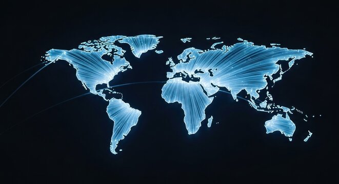 Glowing blue world map on black backdrop with radiating lines, connections