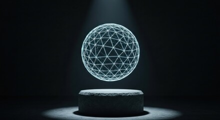 Glowing, networked sphere floats above stone pedestal in stark spotlight
