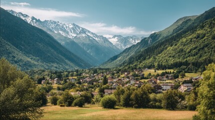 Naklejka premium Mountain village nestled in an alpine valley with lush green hills and snowy peaks under a clear sky for travel or serene landscape.