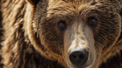 Naklejka premium Wild brown bear close-up exploring a forest in the afternoon with sunlight highlighting its rich fur and attentive gaze while it searches for food