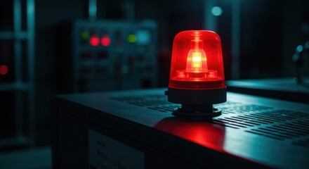 Glowing red emergency light on machinery, controls blurred in background