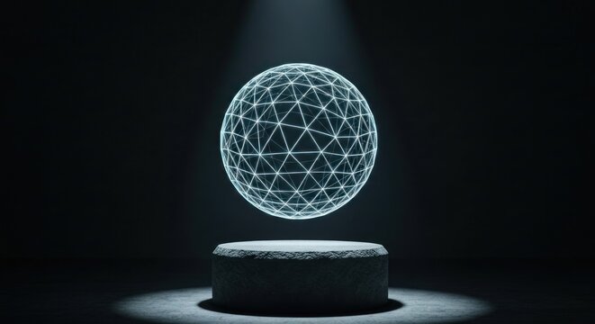Glowing, networked sphere floats above stone pedestal in stark spotlight