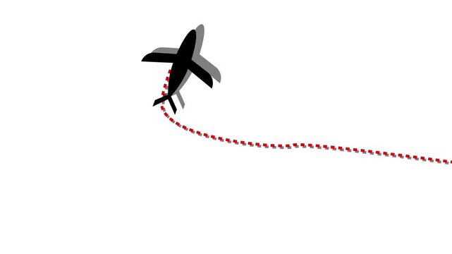 Simple Airplane flying on dash line path animated on a white background.