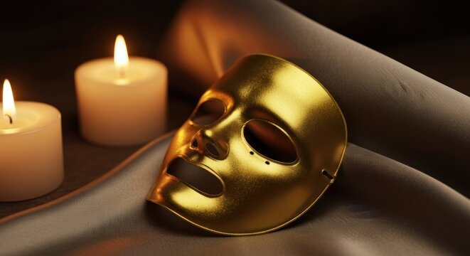 Gold mask sits on silk, flanked by two candles, creating a warm scene - Powered by Adobe