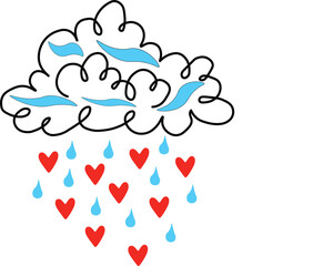 Cute cloud raining hearts and drops, minimalist line art illustration, love rain concept, romantic weather design, valentine’s day, happiness and affection symbol