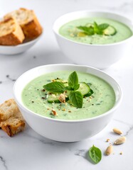 Two bowls of vibrant green cucumber soup, garnished with fresh basil, toasted bread, and nuts
