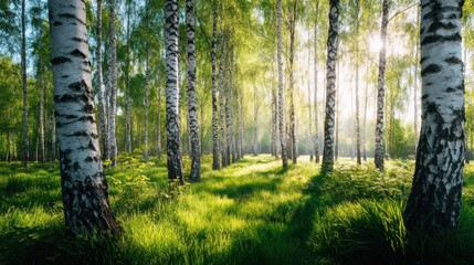 Obraz premium Beautiful birch forest illuminated by bright morning sunbeams. Natural woodland and lush green grass landscape. Spring season scenery.