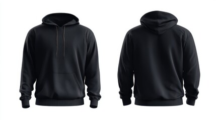Black hoodie front and back view. Modern unisex blank garment for casual wear. Fashion template for clothing design mock up.