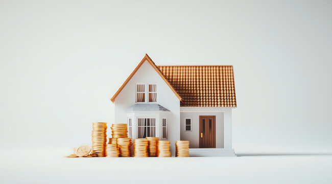 Stacks of gold coins rise beside a small house, clear symbol of real estate savings and long term home value growth