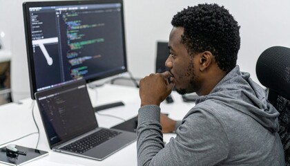 Diverse programmers and office workers coding and collaborating in modern technology workspace