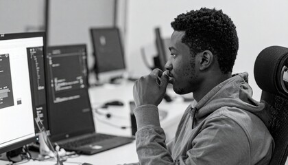 Diverse programmers and office workers coding and collaborating in modern technology workspace