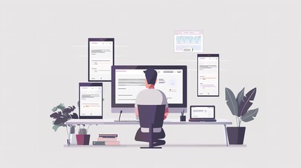 Man sitting at desk with multiple screens displaying code isolated on white background