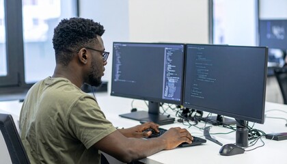 Diverse programmers and office workers coding and collaborating in modern technology workspace