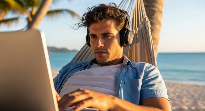 Close-up of a young guy working on a laptop and listening to music on headphones while lying in a hammock on a tropical beach, remote work