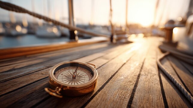 Golden compass on wooden dock planking at sunset. Navigation tool showing direction on sailboat boat deck. Adventure travel or journey discovery concept.