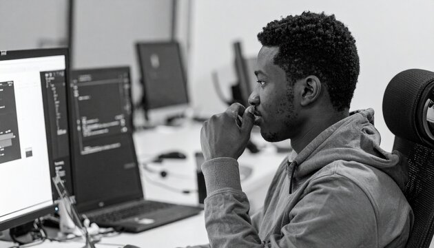 Diverse programmers and office workers coding and collaborating in modern technology workspace - Powered by Adobe