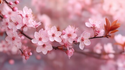 Naklejka premium Pink flowers blooming on branch with buds. Spring floral backdrop. Beautiful macro blossom for nature inspired design and soft banner.