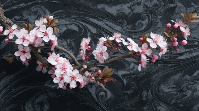 Fototapeta Pink sakura blossom branch on dark abstract background. Spring floral motif for greeting card design.