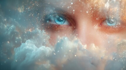 Fototapeta premium Close up of a woman's face with bright blue eye and sparkling makeup. Fantasy ethereal vision, dream, imagination, magical concept.
