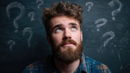 Bearded man with an expression of dilemma. Thoughtful young male pondering solution. Concept of decision making, problem and doubt.