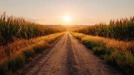 Fototapeta premium Rural dirt road through corn fields at sunset. Agricultural landscape with warm light, conveying a sense of journey and agriculture.