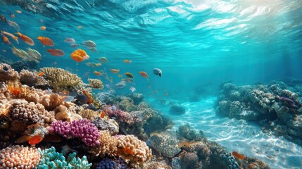 Fototapeta premium Colorful fish swimming above vibrant coral reef in clear blue ocean water. Underwater tropical ecosystem scene for marine biology.