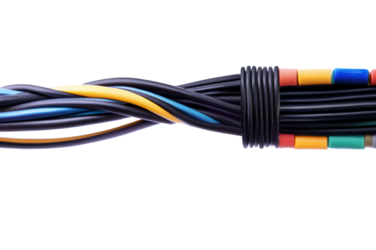 Close up view of a black cable with multiple colored wires showcasing detailed connection points and insulation layers in a modern tech setting