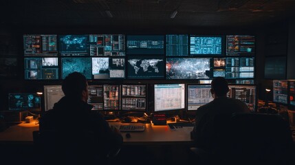 Two men working in a dark control room with multiple screens displaying data and world map analytics. Cybersecurity operations center concept.