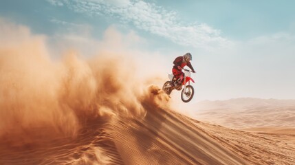 Male motocross rider jumping dirt bike on desert dune. Extreme sport during sunny day. Off road adventure and rally concept.