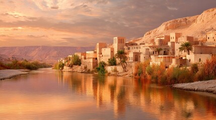 Obraz premium Ancient village settlement on a riverbank with traditional architecture at sunset. Historic cityscape reflecting on water, illustrating a timeless desert oasis concept.