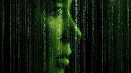 Woman silhouette with green digital code rain background. Cyberpunk virtual reality and data stream concept. Innovation data visualization.