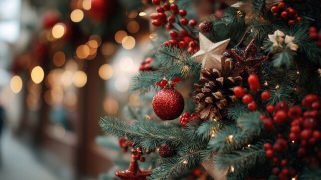 Festive Christmas tree adorned with shiny red ornaments, gold stars, pine cones, and berries. Holiday decoration concept.