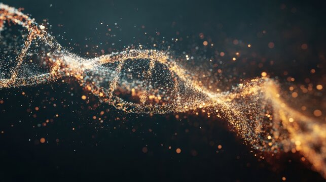 Digital DNA double helix structure made of shimmering particles. Abstract genetic code visualization for science and technology concept. - Powered by Adobe