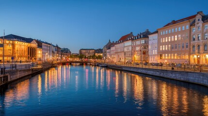 Fototapeta premium Copenhagen city canal at dusk with illuminated buildings and reflections. Beautiful european cityscape evening view for travel and tourism.