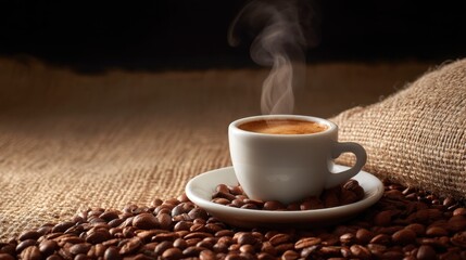 Steaming cup of espresso on saucer surrounded by coffee beans. Hot beverage on burlap sack texture. Fresh drink for good morning concept.