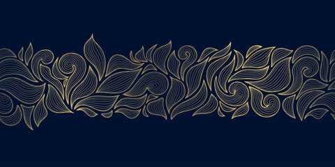 Elegant vector seamless leaf pattern, golden lines border, tropical botanical elements in a modern abstract style. Luxury packaging, coffee or tea branding, wallpaper, premium fabric designs