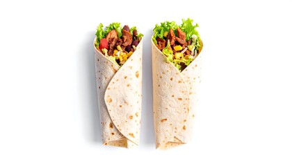 Two burritos, filled with meat, beans, and vegetables, on a white background