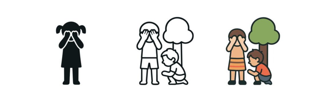 kids playing hide and seek icon on white background Black silhouette flat icon outline icon and colored icon style. 1x3 grid. three minimal vector icon style. centered composition clear