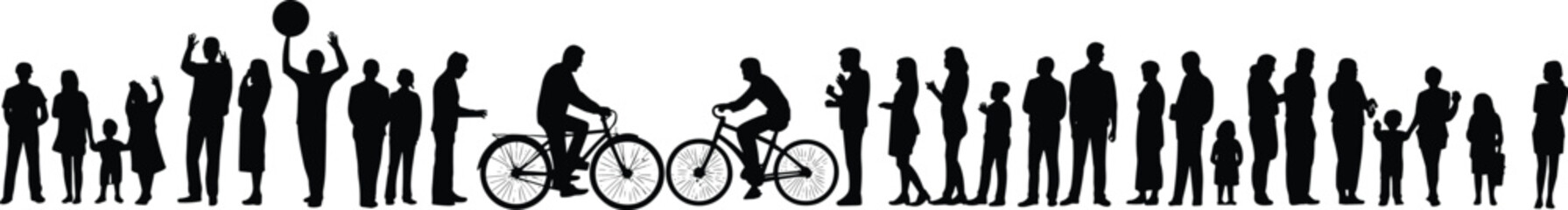 Silhouette people diversity group, adults and children walking, cycling lifestyle concept, social interaction design, modern vector artwork, creative illustration community scene