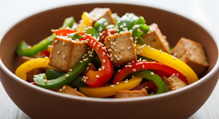 A bowl of tofu and bell peppers with sesame seeds on top