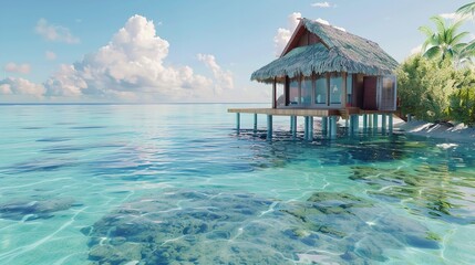 Beautiful overwater bungalow on a tropical island with turquoise water and lush vegetation on shore