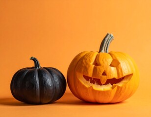 Two carved pumpkins, one orange, one black, on an orange background