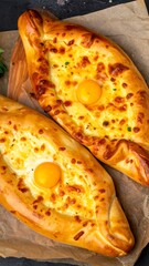 Two cheesy, baked bread pockets with yolks