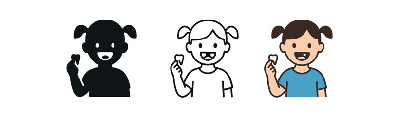 child showing lost tooth proudly icon on white background Black silhouette flat icon outline icon and colored icon style. 1x3 grid. three minimal vector icon style. centered composition