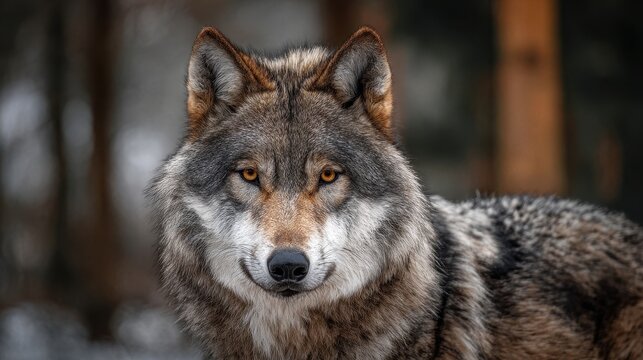 Stunning gray wolf portrait in high definition showcasing its striking features and intense gaze in a natural setting of a forest during the day