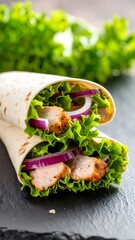 Two chicken wraps, filled with lettuce and red onion