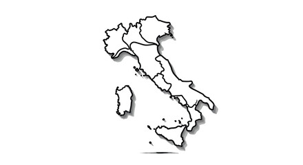 A black and white outlined political map of Italy, illustrating its various regions and major islands like Sardinia and Sicily, with a drop shadow.