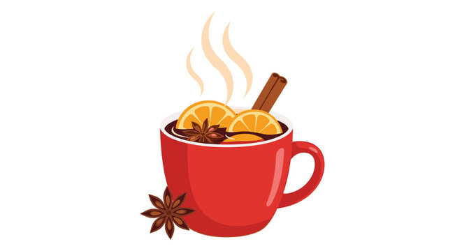 A steaming red mug of festive mulled wine or hot spiced cider, garnished with vibrant orange slices, aromatic star anise, and a cinnamon stick, evokes cozy winter holidays.