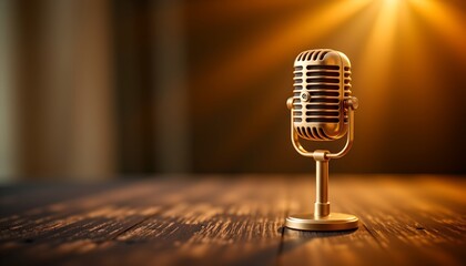 A vintage style microphone placed prominently on a wooden surface with a backdrop of a blurred interior setting that suggests a professional studio environment.
