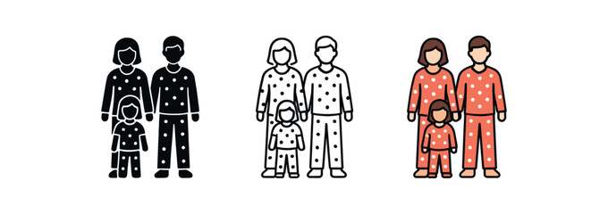 family matching pajamas icon on white background Black silhouette flat icon outline icon and colored icon style. 1x3 grid. three minimal vector icon style. centered composition clear white